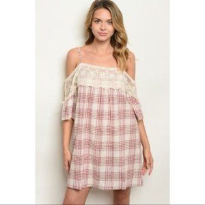 Plaid Off The Shoulder Dress With Lace Detail